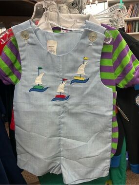 Vintage Blue Striped Sailboat Applique Kids One Piece